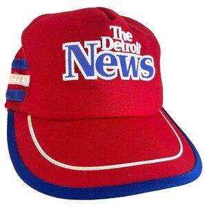 Vintage The Detroit News Trucker Hat 3 Stripe Mesh Snapback Cap USA Red Blue
